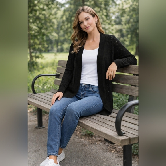 LC Lauren Conrad Black Cardigan Lightweight Rounded Hem Casual Layering - Picture 3 of 8